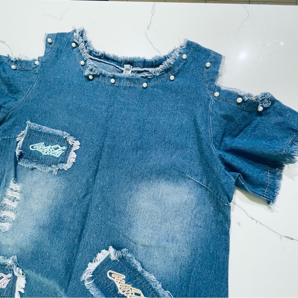 🌸3 for $30 Denim Mini Dress Size M details pearls embroidery distressed jeans - Picture 13 of 15